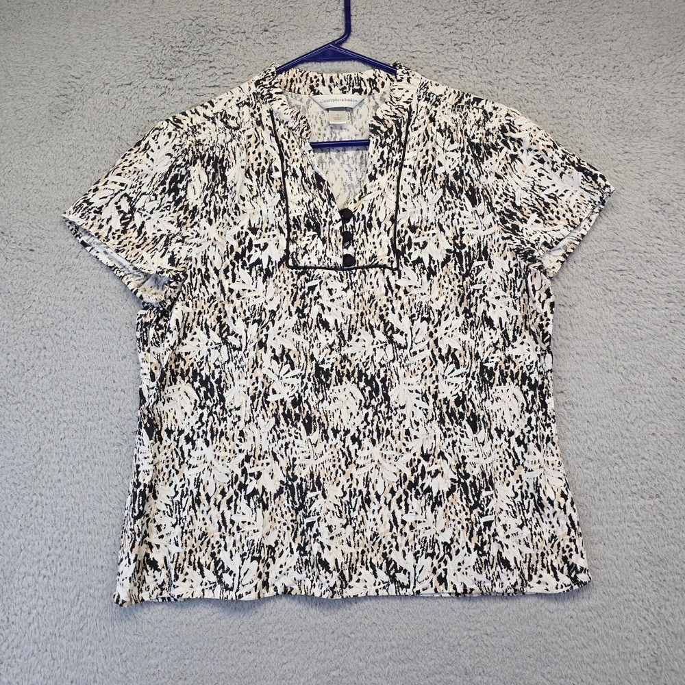 Christopher Banks Linen Shirt Women's Medium Black Brown Short Sleeve Floral Lea